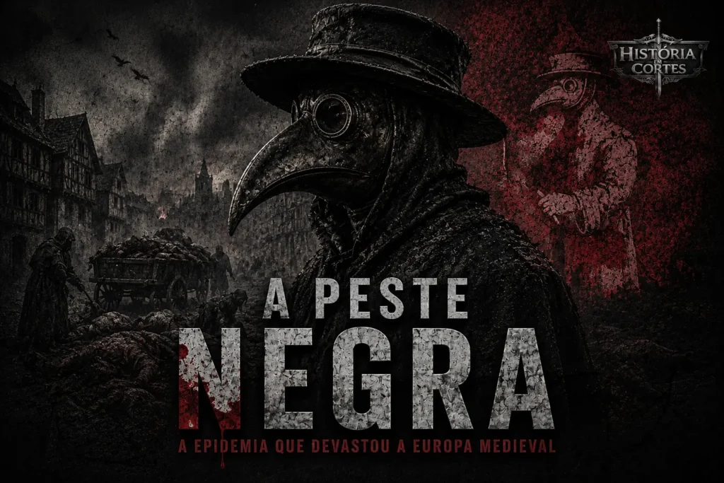 Ilustração da Peste Negra mostrando um médico da peste diante de uma cidade medieval devastada durante a pandemia que atingiu a Europa no século XIV.