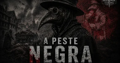 Ilustração da Peste Negra mostrando um médico da peste diante de uma cidade medieval devastada durante a pandemia que atingiu a Europa no século XIV.