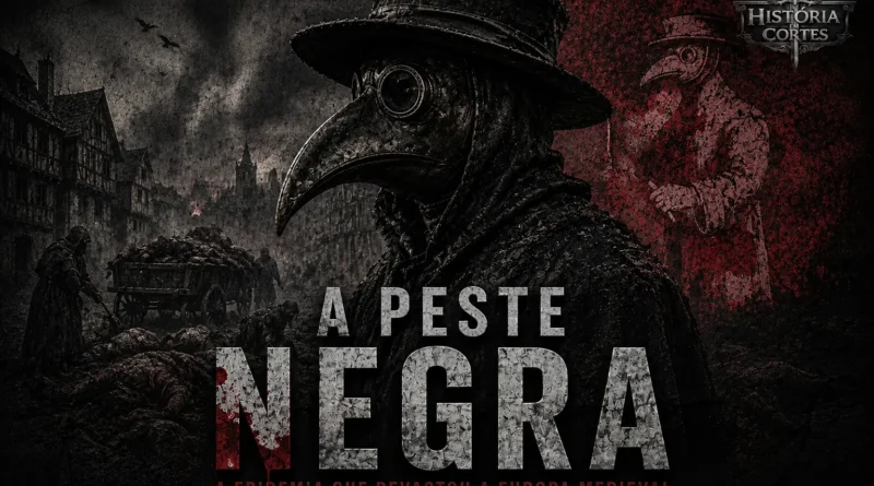 Ilustração da Peste Negra mostrando um médico da peste diante de uma cidade medieval devastada durante a pandemia que atingiu a Europa no século XIV.