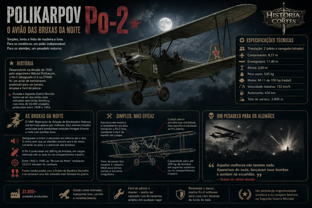 Infográfico do Polikarpov Po-2, avião utilizado pelas Bruxas da Noite durante a Segunda Guerra Mundial.