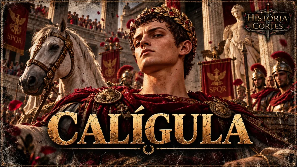 Calígula, imperador romano, representado diante de soldados e símbolos do Império Romano