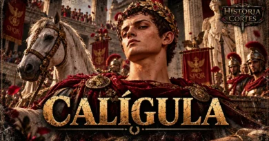 Calígula, imperador romano, representado diante de soldados e símbolos do Império Romano