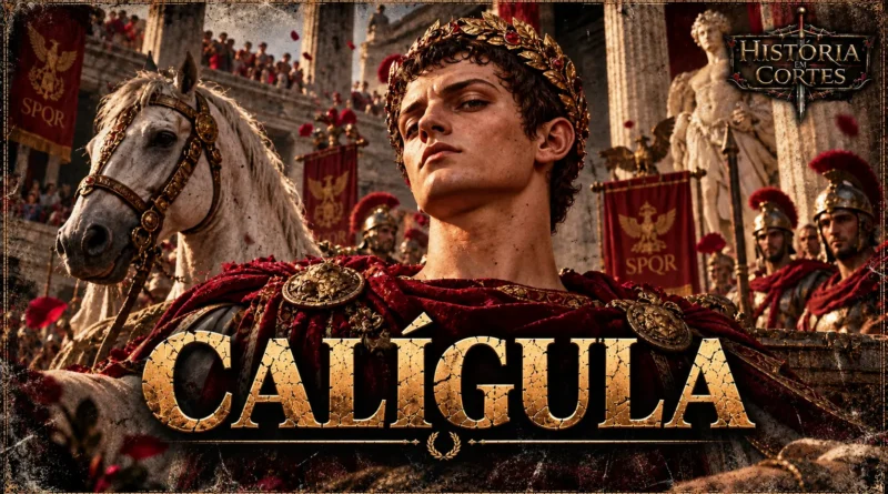 Calígula, imperador romano, representado diante de soldados e símbolos do Império Romano