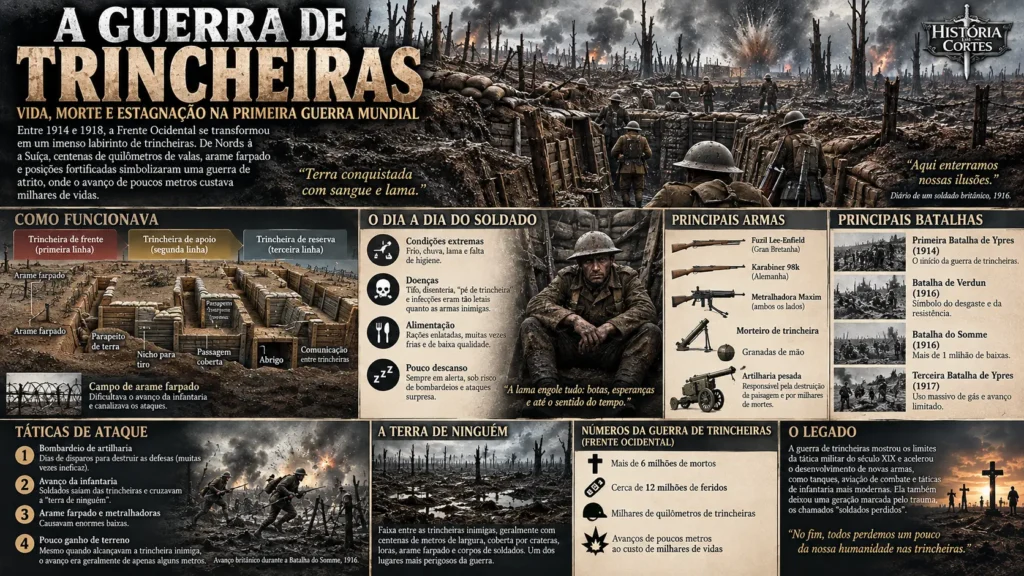 Infográfico sobre a guerra de trincheiras na Primeira Guerra Mundial, mostrando estrutura das trincheiras, armas, cotidiano dos soldados e principais batalhas.