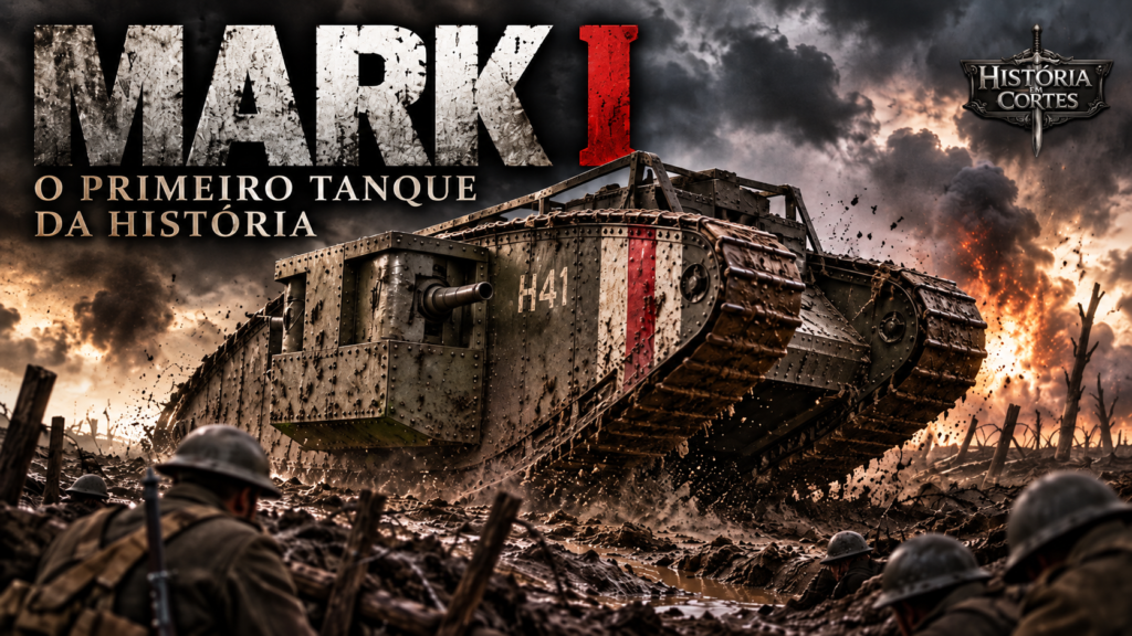 Mark I, o primeiro tanque da história, avançando por um campo de batalha da Primeira Guerra Mundial
