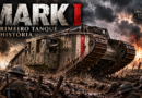 Mark I, o primeiro tanque da história, avançando por um campo de batalha da Primeira Guerra Mundial