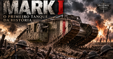 Mark I, o primeiro tanque da história, avançando por um campo de batalha da Primeira Guerra Mundial