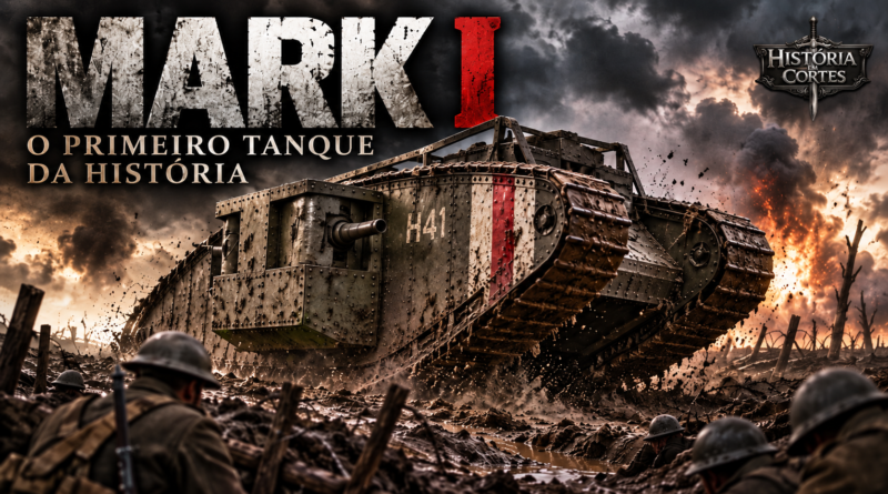 Mark I, o primeiro tanque da história, avançando por um campo de batalha da Primeira Guerra Mundial