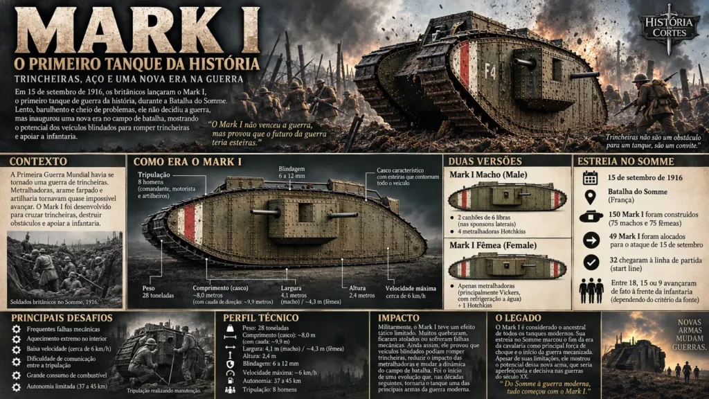 Infográfico sobre o Mark I, primeiro tanque usado em combate, com características técnicas, versões Male e Female e estreia na Batalha do Somme em 1916.