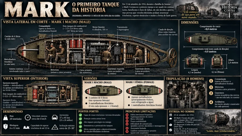 Raio-X técnico do tanque Mark I mostrando interior, tripulação, motor, armamento e dimensões na Primeira Guerra Mundial.