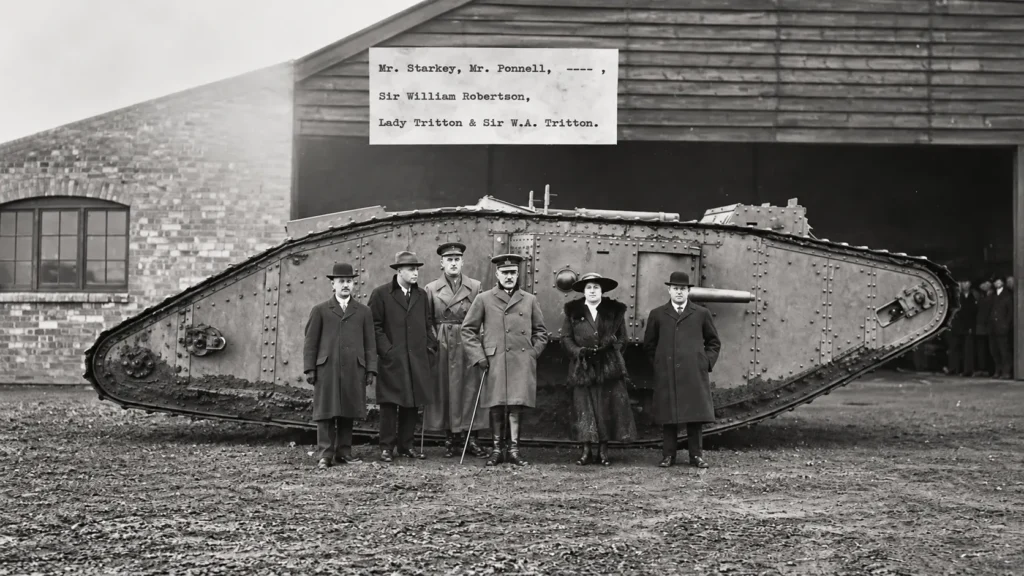 William Tritton e oficiais britânicos diante de um dos primeiros tanques britânicos durante a Primeira Guerra Mundial.