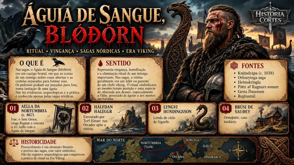 Infográfico sobre a Águia de Sangue (Blóðörn), ritual descrito nas sagas nórdicas e cuja existência histórica é debatida.