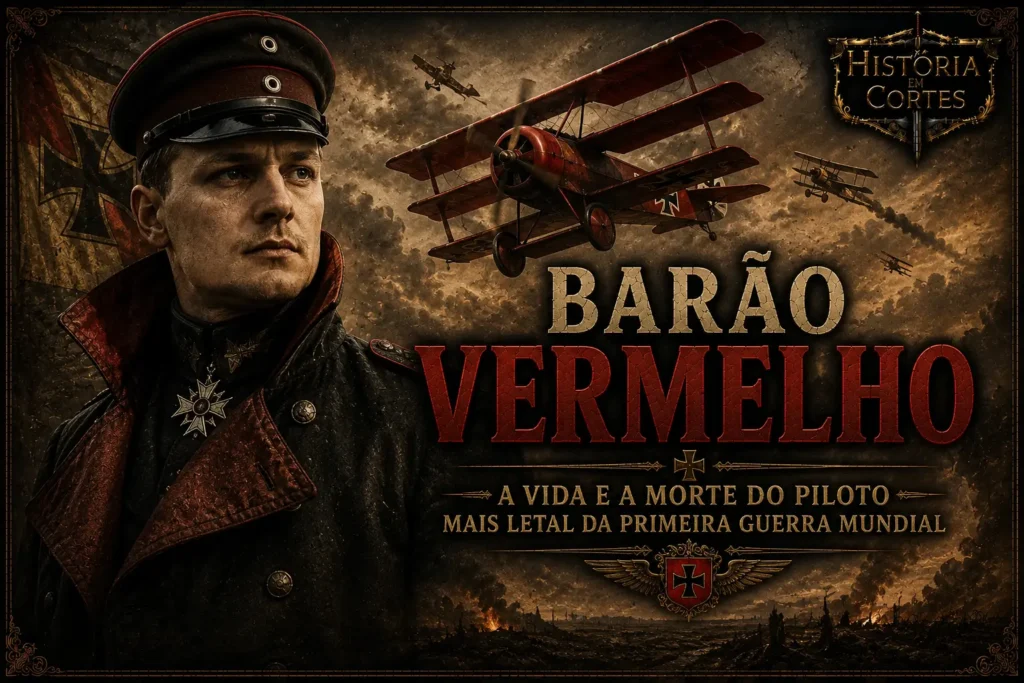 Ilustração do Barão Vermelho (Manfred von Richthofen) ao lado de seu famoso triplano vermelho durante combates aéreos da Primeira Guerra Mundial.