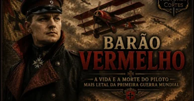 Ilustração do Barão Vermelho (Manfred von Richthofen) ao lado de seu famoso triplano vermelho durante combates aéreos da Primeira Guerra Mundial.