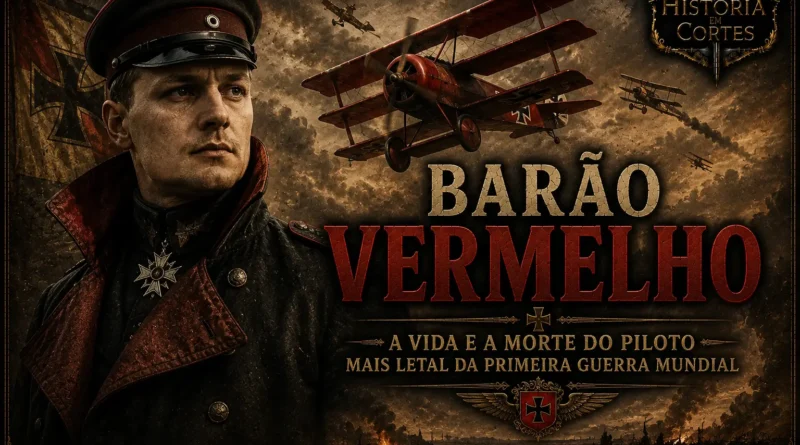 Ilustração do Barão Vermelho (Manfred von Richthofen) ao lado de seu famoso triplano vermelho durante combates aéreos da Primeira Guerra Mundial.