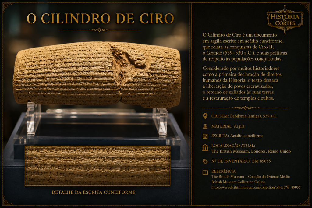 Fotografia do Cilindro de Ciro, artefato de argila com inscrições cuneiformes em acadiano, produzido após a conquista da Babilônia por Ciro, o Grande, em 539 a.C.