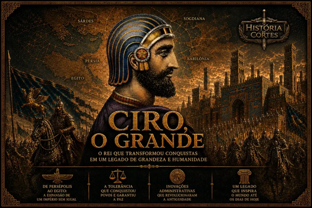 Ciro, o Grande em arte histórica com mapa do Império Persa, exército aquemênida e palácio ao fundo.