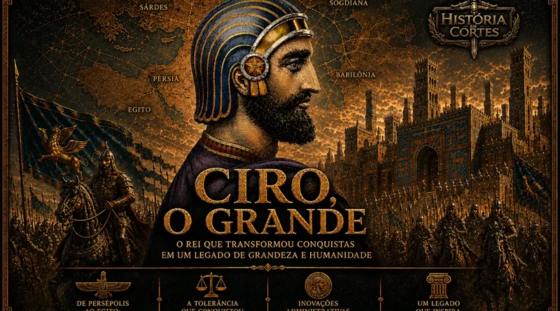 Ciro, o Grande em arte histórica com mapa do Império Persa, exército aquemênida e palácio ao fundo.