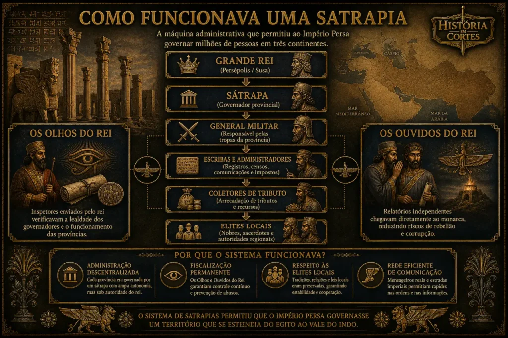 Infográfico mostrando a estrutura administrativa de uma satrapia persa, com o Grande Rei, sátrapas, generais militares, escribas, coletores de tributos e elites locais, além dos Olhos e Ouvidos do Rei.