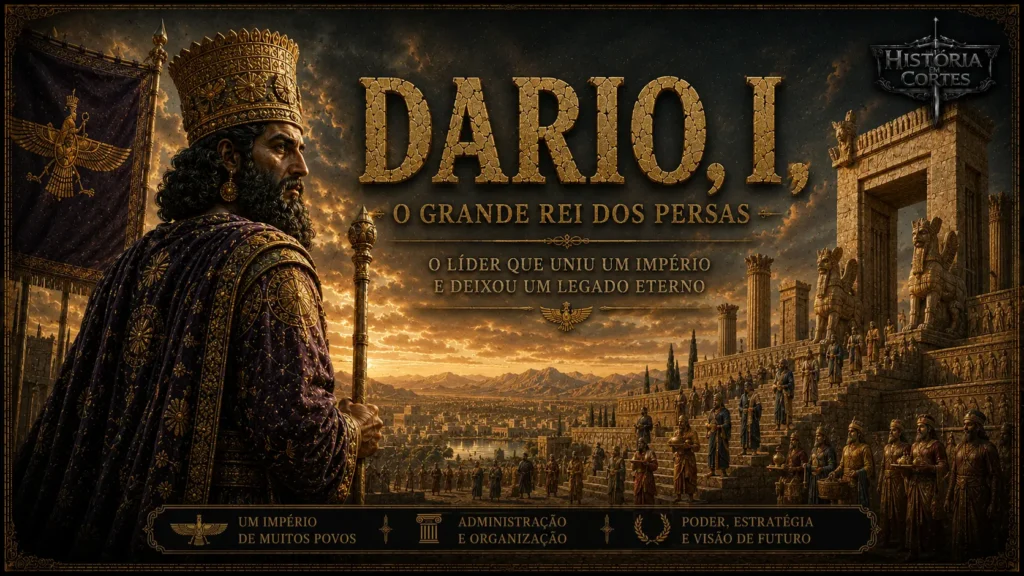 Ilustração de Dario I, rei do Império Persa, diante de um palácio aquemênida, destacando seu governo, administração e expansão do império.