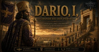 Ilustração de Dario I, rei do Império Persa, diante de um palácio aquemênida, destacando seu governo, administração e expansão do império.