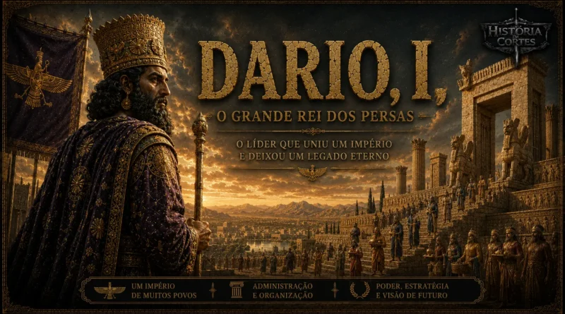 Ilustração de Dario I, rei do Império Persa, diante de um palácio aquemênida, destacando seu governo, administração e expansão do império.
