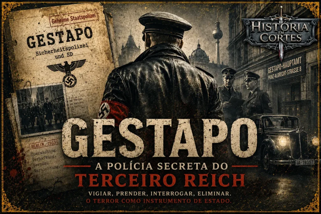Capa histórica sobre a Gestapo, com agente em Berlim, documentos policiais, viatura antiga e estética sombria do Terceiro Reich.