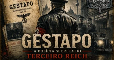 Capa histórica sobre a Gestapo, com agente em Berlim, documentos policiais, viatura antiga e estética sombria do Terceiro Reich.