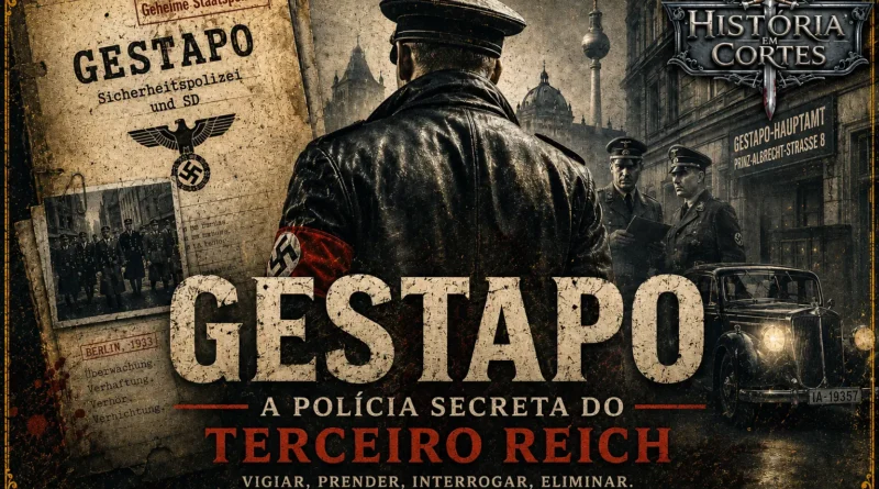Capa histórica sobre a Gestapo, com agente em Berlim, documentos policiais, viatura antiga e estética sombria do Terceiro Reich.