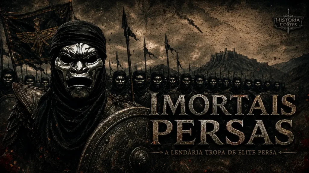 Representação dos Imortais Persas, a guarda de elite do Império Aquemênida, inspirada no visual do filme 300, com guerreiros mascarados em formação militar e estandartes persas ao fundo.