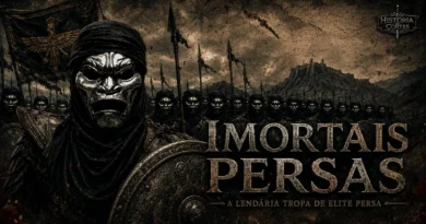 Representação dos Imortais Persas, a guarda de elite do Império Aquemênida, inspirada no visual do filme 300, com guerreiros mascarados em formação militar e estandartes persas ao fundo.