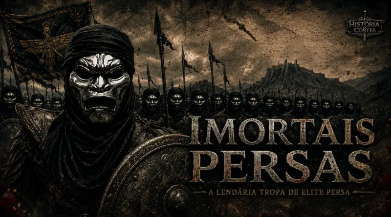 Representação dos Imortais Persas, a guarda de elite do Império Aquemênida, inspirada no visual do filme 300, com guerreiros mascarados em formação militar e estandartes persas ao fundo.