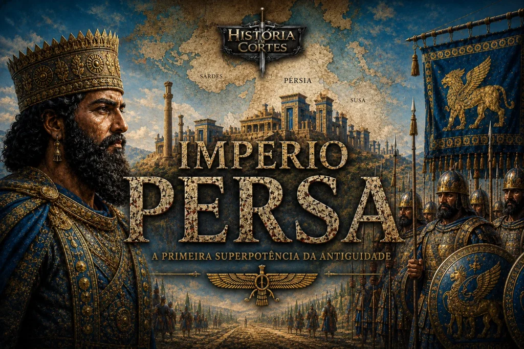 Arte cinematográfica do Império Persa mostrando um rei persa, soldados aquemênidas, estandartes azuis e a cidade de Persépolis ao fundo.