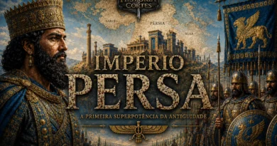 Arte cinematográfica do Império Persa mostrando um rei persa, soldados aquemênidas, estandartes azuis e a cidade de Persépolis ao fundo.