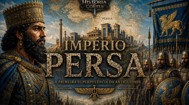 Arte cinematográfica do Império Persa mostrando um rei persa, soldados aquemênidas, estandartes azuis e a cidade de Persépolis ao fundo.