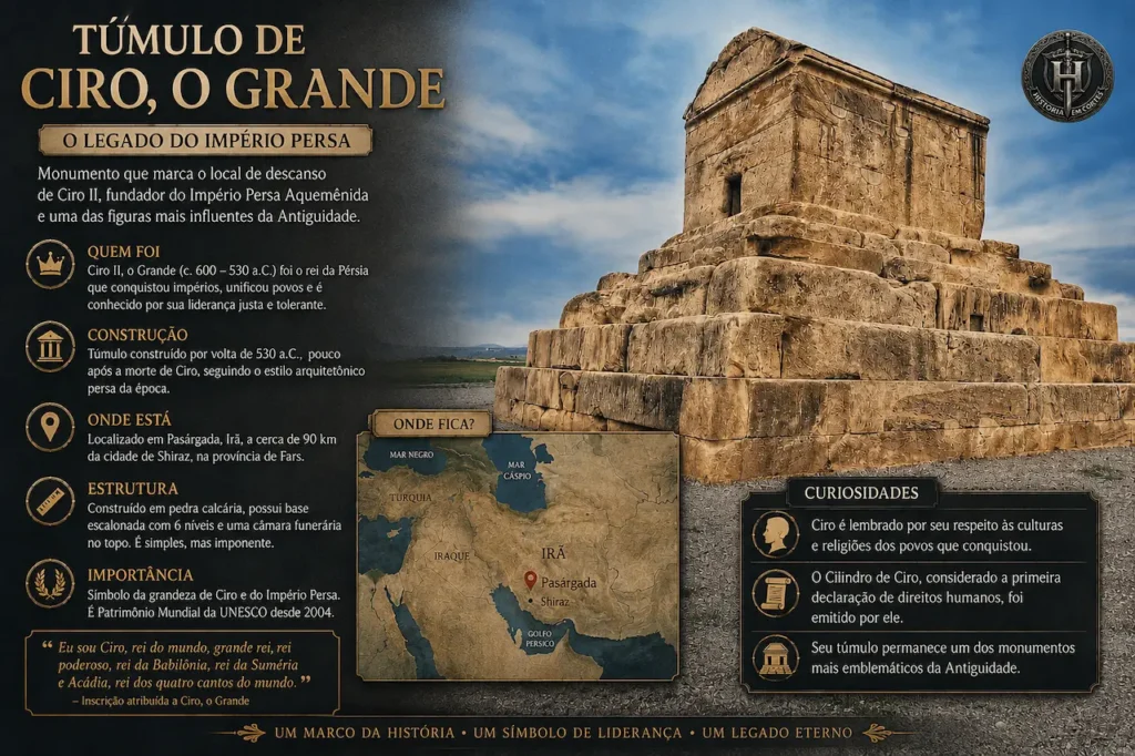 Infográfico sobre o Túmulo de Ciro, o Grande, em Pasárgada, no Irã, com mapa de localização e principais informações históricas.