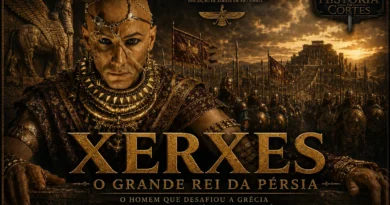 Ilustração de Xerxes I, Grande Rei do Império Aquemênida, liderando o exército persa durante a invasão da Grécia nas Guerras Médicas.