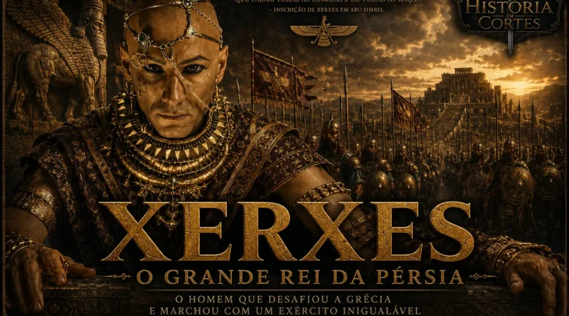 Ilustração de Xerxes I, Grande Rei do Império Aquemênida, liderando o exército persa durante a invasão da Grécia nas Guerras Médicas.