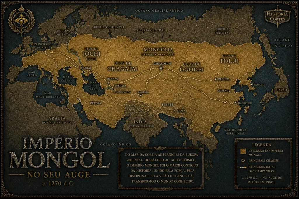 Mapa do Império Mongol no auge mostrando a extensão territorial do maior império contíguo da história, de Karakorum até a Europa Oriental.