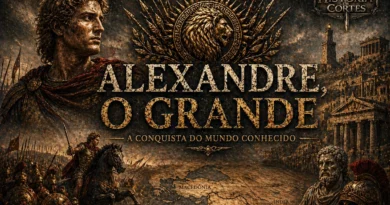 Alexandre, o Grande liderando exército macedônio durante suas conquistas no mundo antigo, com mapa do império e elementos da Grécia Antiga