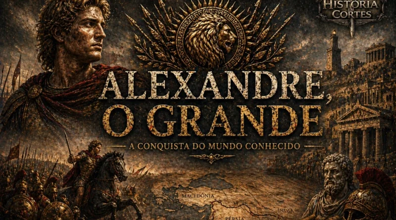 Alexandre, o Grande liderando exército macedônio durante suas conquistas no mundo antigo, com mapa do império e elementos da Grécia Antiga