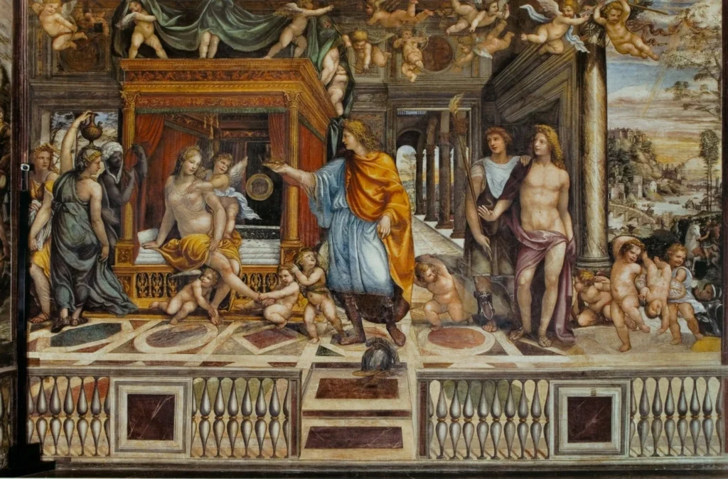 Afresco renascentista mostrando Alexandre, o Grande, diante de Roxana em um ambiente palaciano decorado com figuras mitológicas e arquitetura clássica.