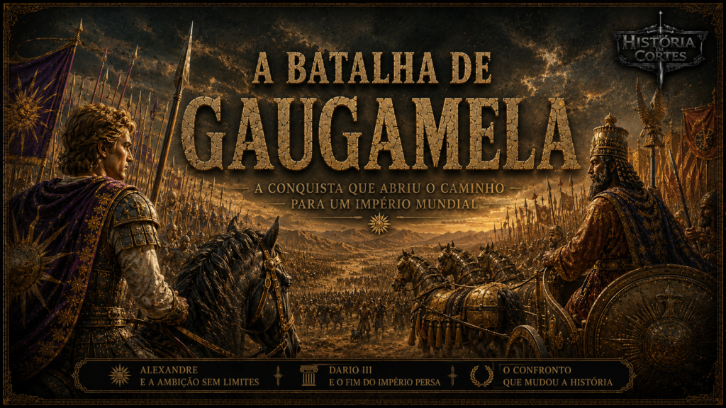 Ilustração da Batalha de Gaugamela mostrando Alexandre, o Grande, e Dario III liderando os exércitos macedônio e persa no confronto decisivo que marcou a queda do Império Aquemênida.