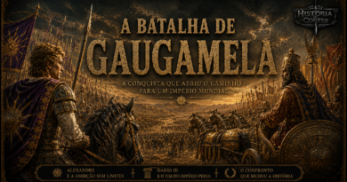 Ilustração da Batalha de Gaugamela mostrando Alexandre, o Grande, e Dario III liderando os exércitos macedônio e persa no confronto decisivo que marcou a queda do Império Aquemênida.