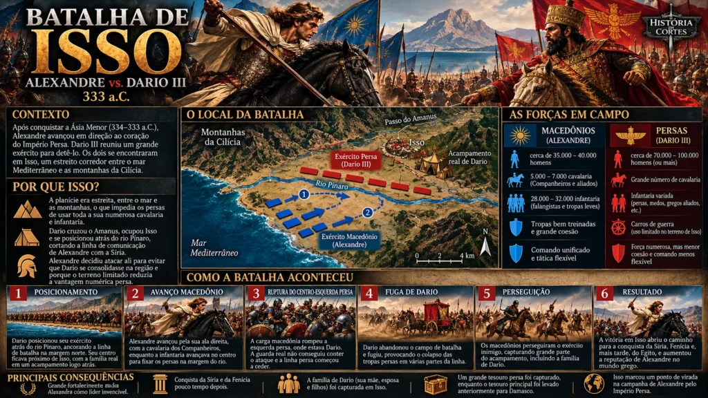 Infográfico da Batalha de Isso em 333 a.C. entre Alexandre, o Grande, e Dario III, com mapa, exércitos, etapas da batalha e consequências.