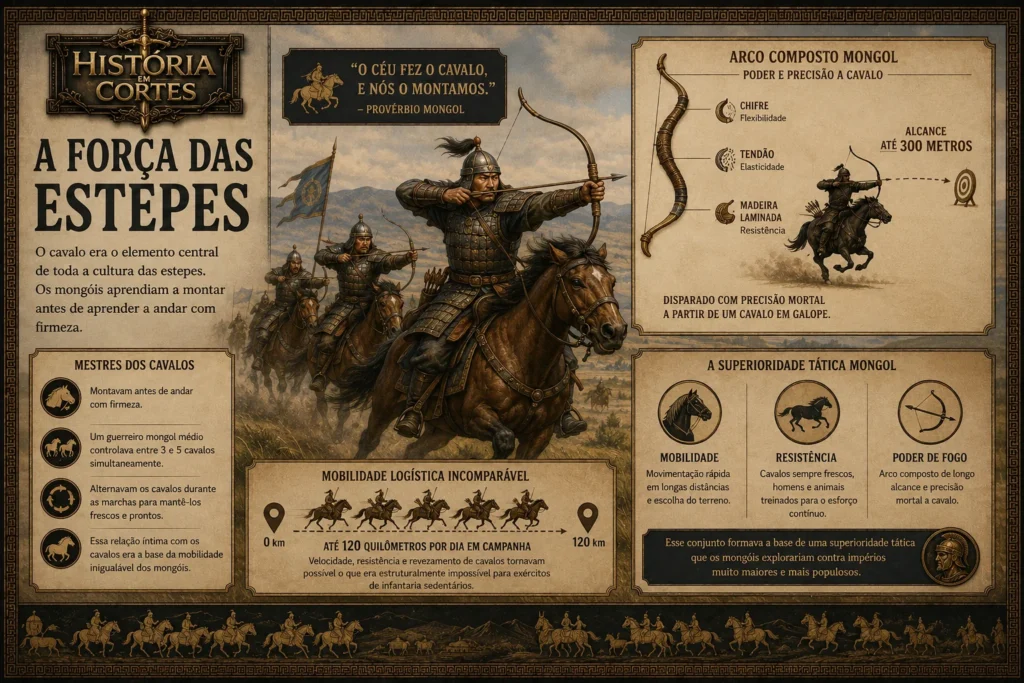 Infográfico sobre cavaleiros mongóis, arco composto e mobilidade militar nas estepes.