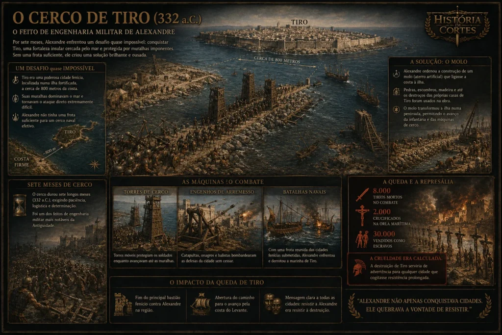 Infográfico histórico mostrando o Cerco de Tiro por Alexandre, o Grande, em 332 a.C., incluindo a construção do molo artificial, torres de cerco, batalhas navais e a queda brutal da cidade fenícia.