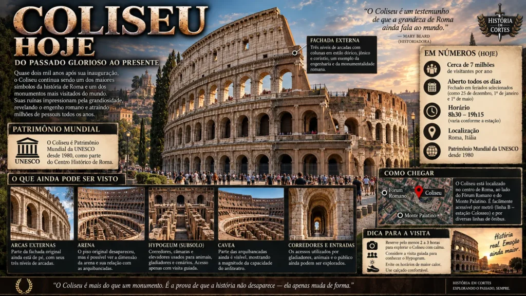 Coliseu em Roma atualmente com informações sobre suas ruínas e áreas preservadas