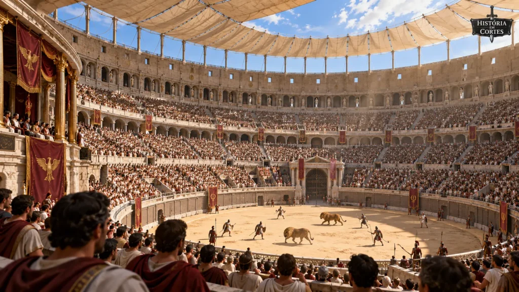 Reconstrução do interior do Coliseu visto da arquibancada durante um espetáculo na Roma Antiga