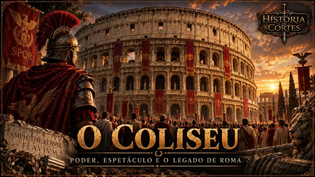 Ilustração do Coliseu de Roma na Antiguidade, com soldados, cidadãos romanos e estandartes do Império Romano.